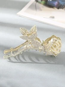 水鑽和人造珍珠裝飾玫瑰設計髮爪 - 金色 - 查看 6
