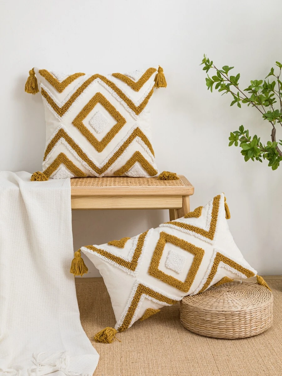 1pc Tufted Tassel Trang trí đệm Nắp đậy mà không có chất làm đầy - màu nâu - Xem 1