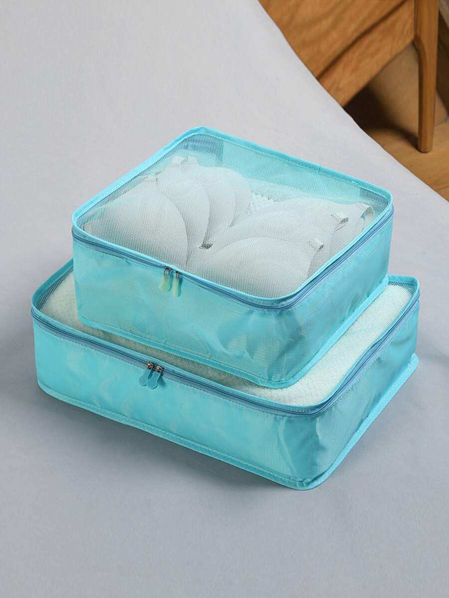 1pc Portable Polyester Travel Storage Bag,Simple Blue Square Foldable Luggage Packing Organizer For Travel Accessory,Boho Vibes - Blue - View 1