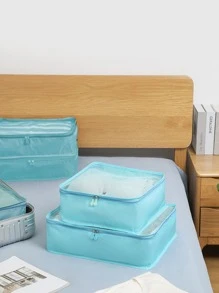 1pc Portable Polyester Travel Storage Bag,Simple Blue Square Foldable Luggage Packing Organizer For Travel Accessory,Boho Vibes - Blue - View 6