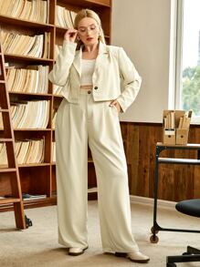 SHEIN EZwear 大碼西裝領西裝外套和褶皺定制西褲 - 米色 - 查看 1