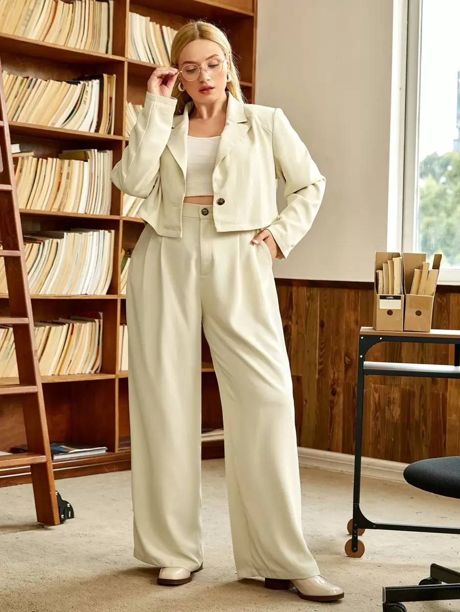 SHEIN EZwear 大碼西裝領西裝外套和褶皺定制西褲 - 米色 - 查看 1