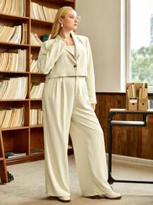 SHEIN EZwear 大碼西裝領西裝外套和褶皺定制西褲 - 米色 - 查看 4