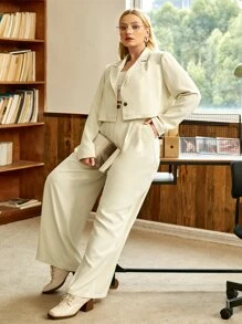 SHEIN EZwear 大碼西裝領西裝外套和褶皺定制西褲 - 米色 - 查看 5