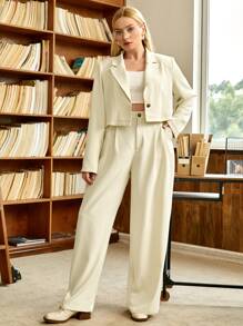 SHEIN EZwear 大碼西裝領西裝外套和褶皺定制西褲 - 米色 - 查看 6