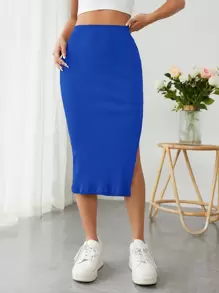 SHEIN PETITE 條紋針織高衩半身裙