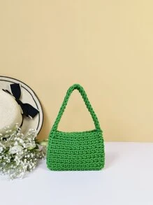 迷你熒光綠頂部單條提帶鉤針編織袋 - 綠色 - 查看 1