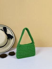 迷你熒光綠頂部單條提帶鉤針編織袋 - 綠色 - 查看 2