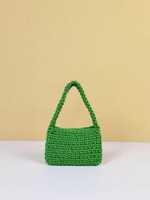 迷你熒光綠頂部單條提帶鉤針編織袋 - 綠色 - 查看 4