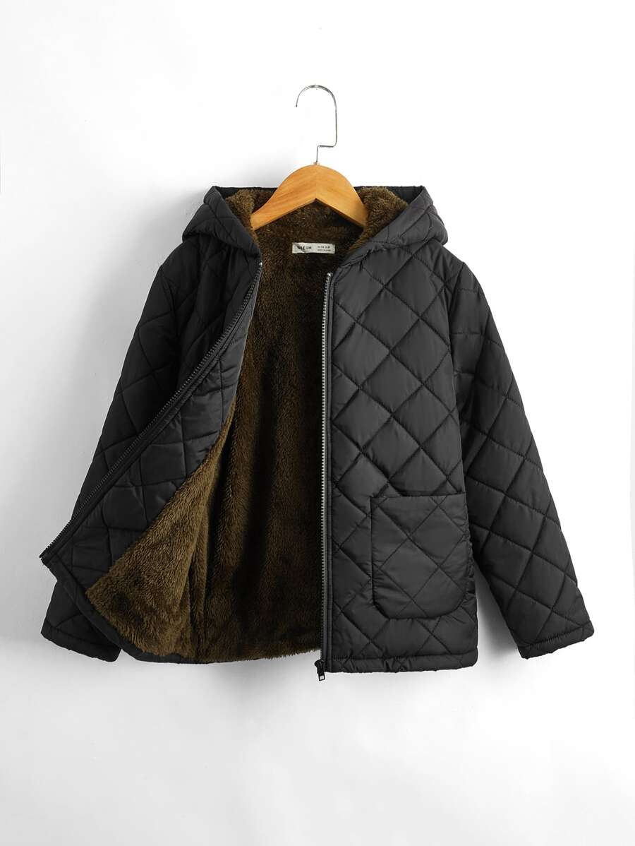 SHEIN 男孩補丁貼口袋毛絨內襯連帽幾何格紋絎縫外套