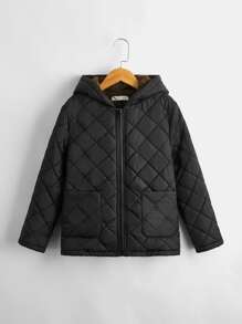 SHEIN 男孩補丁貼口袋毛絨內襯連帽幾何格紋絎縫外套