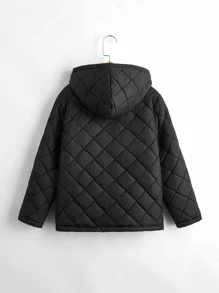 SHEIN 男孩補丁貼口袋毛絨內襯連帽幾何格紋絎縫外套