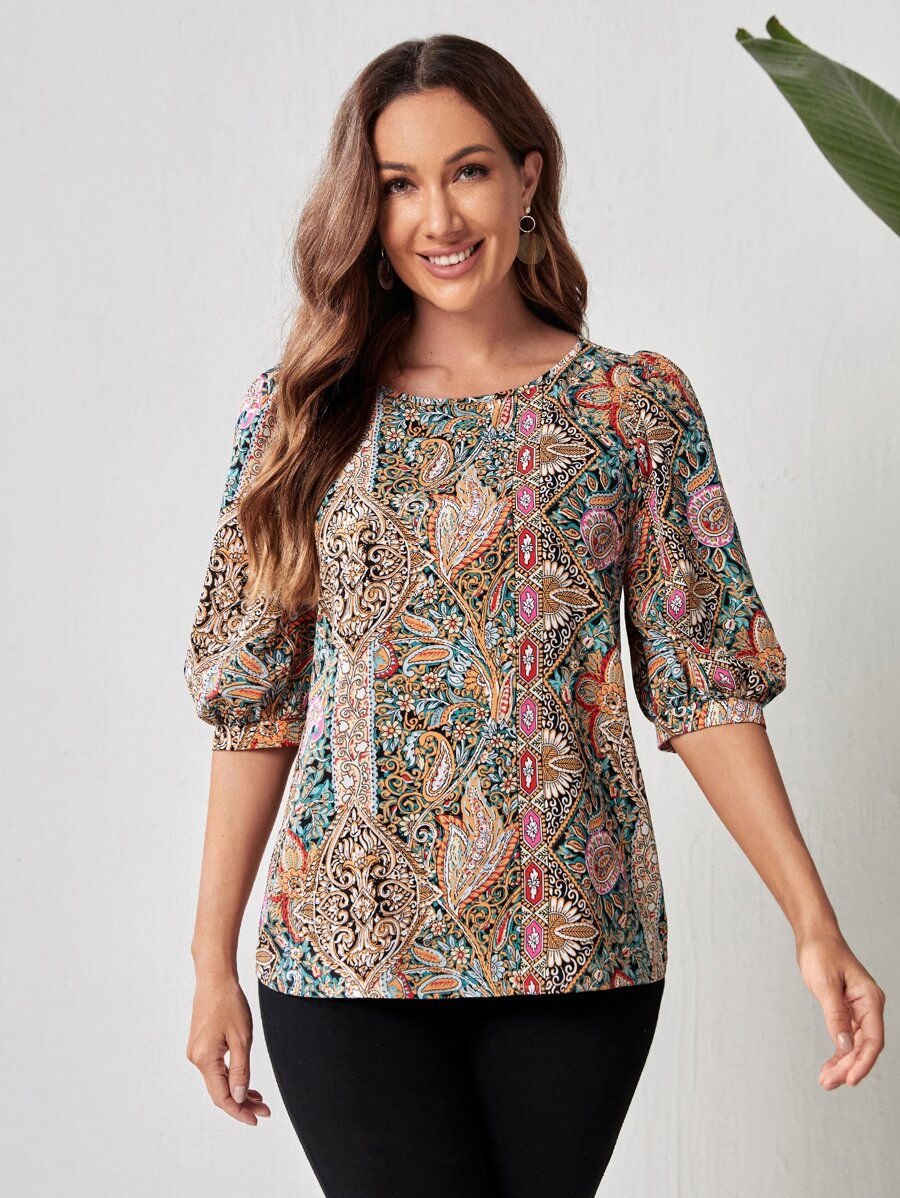 EMERY ROSE 佩斯利印花泡泡袖襯衫 - 彩色 - 查看 1