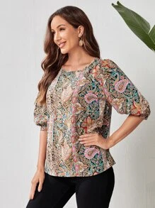 EMERY ROSE 佩斯利印花泡泡袖襯衫 - 彩色 - 查看 3