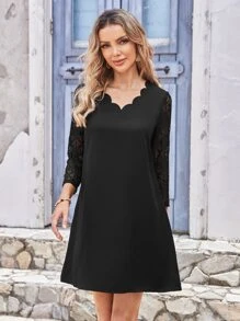 EMERY ROSE Guipure Lace Sleeve Scallop Trim Tunic Dress - Black - View 1