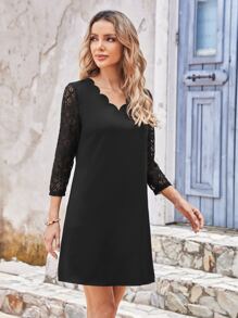 EMERY ROSE Guipure Lace Sleeve Scallop Trim Tunic Dress - Black - View 4