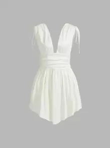 SHEIN MOD Solid Deep V Neck Knotted Shoulder Ruched Satin Dress