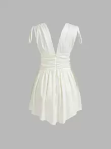 SHEIN MOD Solid Deep V Neck Knotted Shoulder Ruched Satin Dress