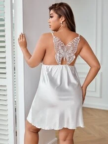 Plus Contrast Butterfly Lace Backless Satin Cami Nightdress - White - View 1