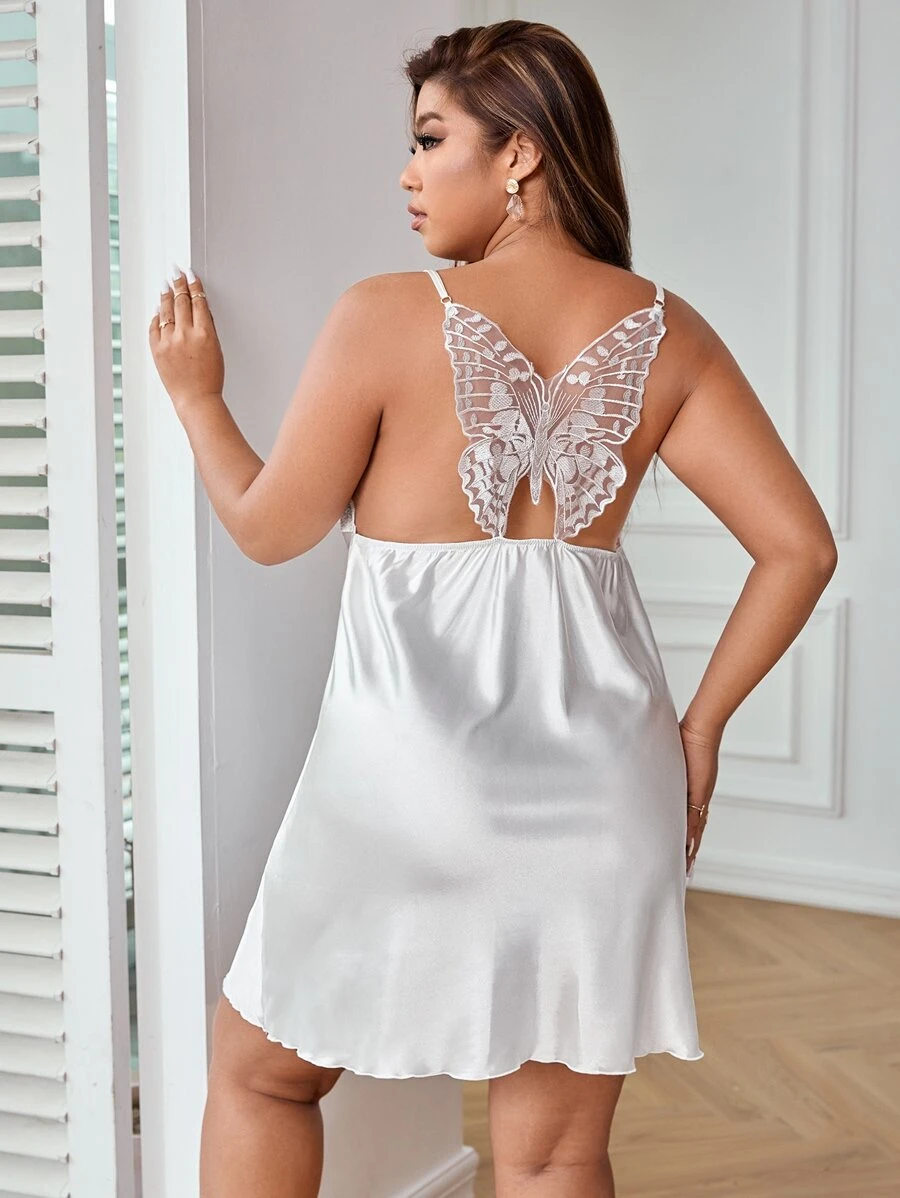 Plus Contrast Butterfly Lace Backless Satin Cami Nightdress - White - View 1