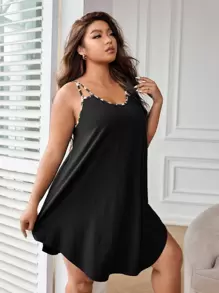 Vestido para dormir de tirantes unido en contraste - Negro - Ver 1