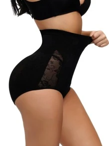 Women's High Waist Black Briefs Zipper Contrast Mesh Shapewear Panties For Casual Comfy Look - Black - View 3