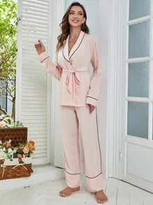 Shawl Collar Contrast Binding Belted Pyjama Set - Baby Pink - View 5