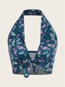 ROMWE Butterfly Print Tie Front Halter Top - Multicolor - View 2