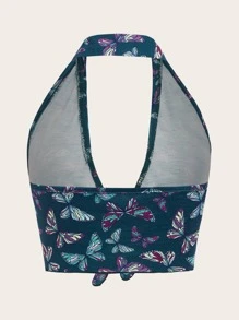 ROMWE Butterfly Print Tie Front Halter Top - Multicolor - View 5