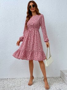 SHEIN LUNE Vestido con estampado floral bajo con fruncido - Rosa vieja - Ver 4