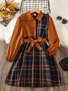女孩格紋印花腰帶襯衫洋裝