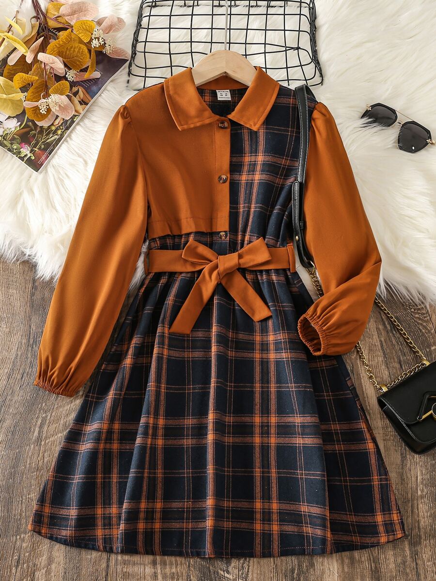 女孩格紋印花腰帶襯衫洋裝