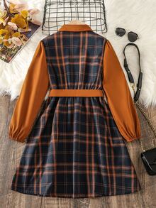 女孩格紋印花腰帶襯衫洋裝