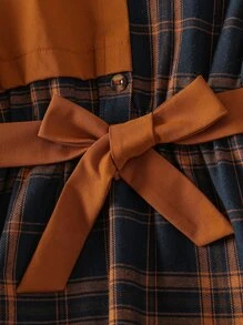 女孩格紋印花腰帶襯衫洋裝