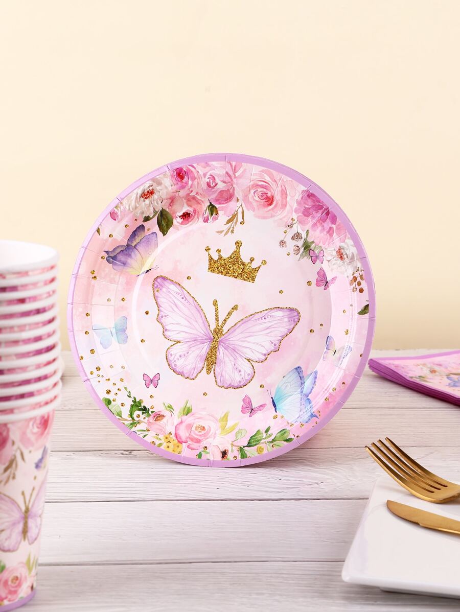 12入組一次性紙盤可愛蝴蝶圖案粉色一次性派對餐盤 - 彩色 - 查看 1