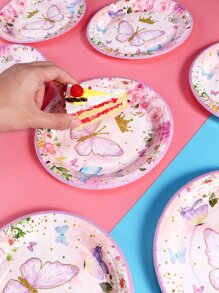 12入組一次性紙盤可愛蝴蝶圖案粉色一次性派對餐盤 - 彩色 - 查看 3