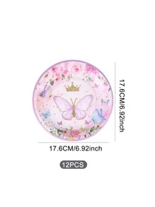 12入組一次性紙盤可愛蝴蝶圖案粉色一次性派對餐盤 - 彩色 - 查看 4