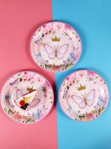 12入組一次性紙盤可愛蝴蝶圖案粉色一次性派對餐盤 - 彩色 - 查看 5