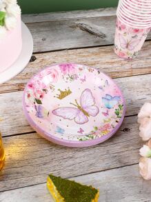 12入組一次性紙盤可愛蝴蝶圖案粉色一次性派對餐盤 - 彩色 - 查看 7