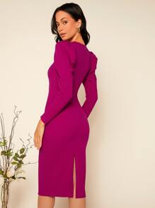 SHEIN Belle Solid Split Back Puff Sleeve Dress - Red Violet - View 3