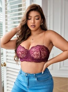 Plus Lace Underwire Bra With 1pair Transparent Shoulder Strap - Purple - View 3