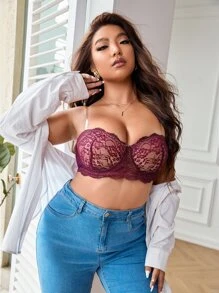 Plus Lace Underwire Bra With 1pair Transparent Shoulder Strap - Purple - View 4