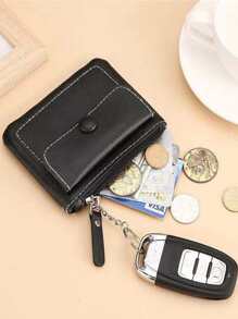 按扣翻蓋零皮夾輕便,時尚紀念日錢,生日禮物,送禮白領,男用,女用 - 黑色 - 查看 3