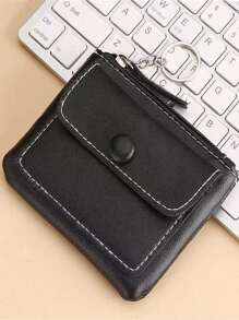 按扣翻蓋零皮夾輕便,時尚紀念日錢,生日禮物,送禮白領,男用,女用 - 黑色 - 查看 4