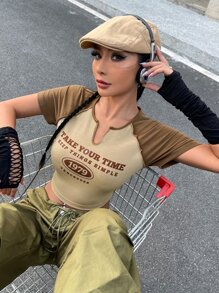 SHEIN ICON 90s Letter Graphic Raglan Sleeve Tee - Khaki - View 1