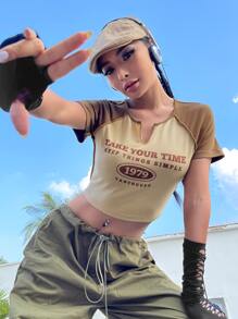 SHEIN ICON 90s Letter Graphic Raglan Sleeve Tee - Khaki - View 4