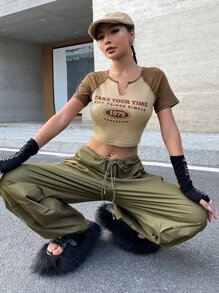 SHEIN ICON 90s Letter Graphic Raglan Sleeve Tee - Khaki - View 6