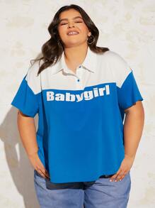 SHEIN CURVE+ Plus Letter Graphic Drop Shoulder Polo Tee - Blue - View 3