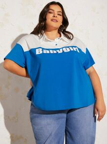 SHEIN CURVE+ Plus Letter Graphic Drop Shoulder Polo Tee - Blue - View 7