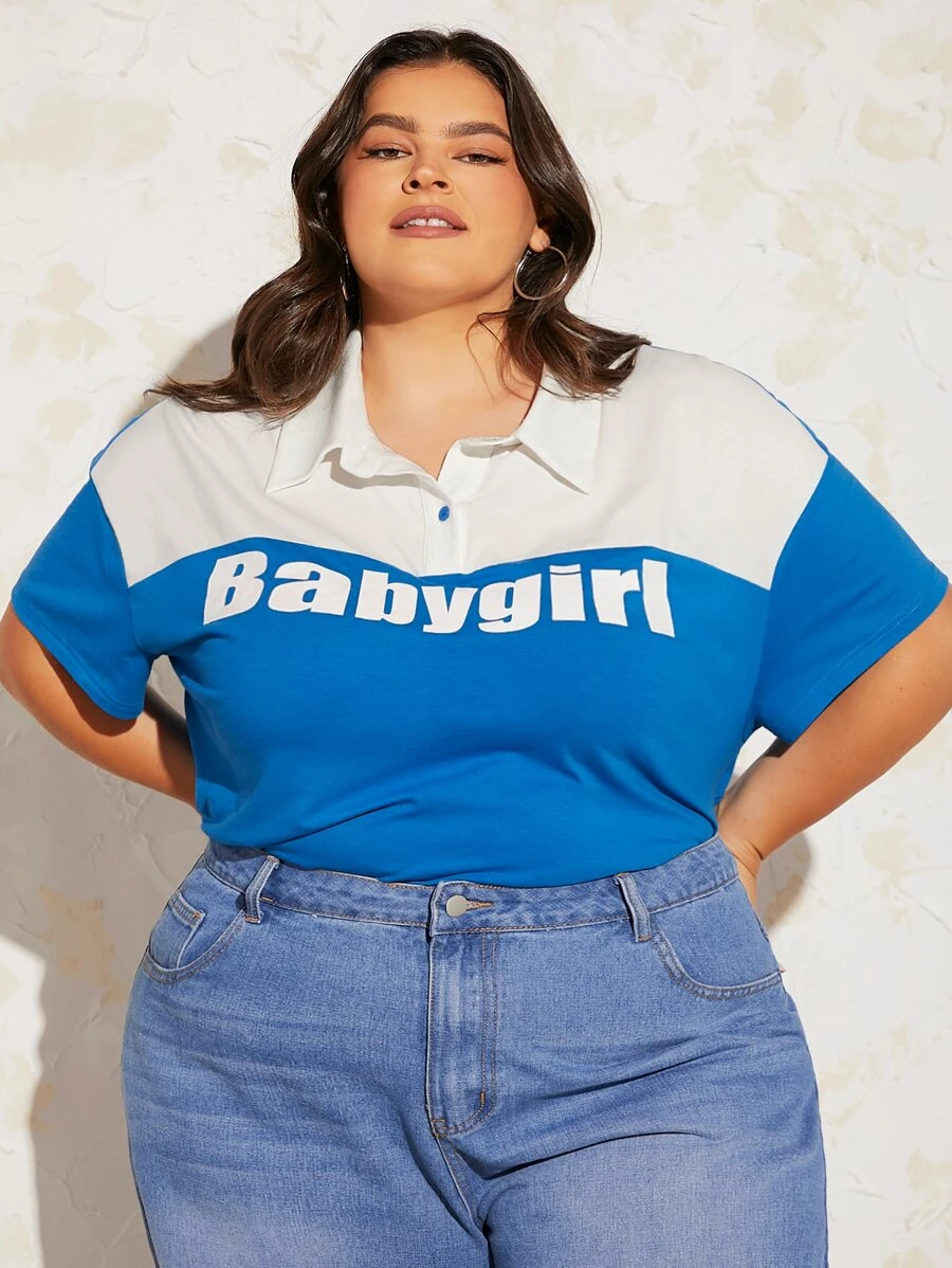 SHEIN CURVE+ Plus Letter Graphic Drop Shoulder Polo Tee - Blue - View 1